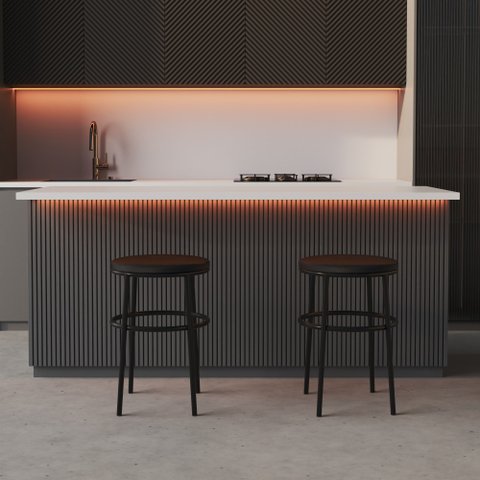 Banqueta Itália Redonda Estofada 65cm Aço Preto e Corino Impermeável - para Cozinha e Bar