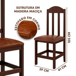 Conjunto Mesa com 8 Cadeiras Madeira Maciça Estofado Corino Marrom 200cm Castanho Amelia Shop Jm - 4