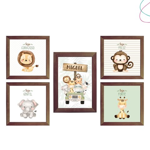 Kit 5 Quadros Decorativos Safari Baby Aquarela Bege:tabaco