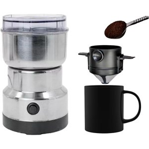Kit Super Moedor Elétrico Mini Triturador de Café Fresco Portátil Inox e Mini Coador de Café Dobráve