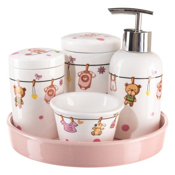 Kit Higiene Bebê Infantil Porta Algodão Banheiro Quarto 5 peças / KH-080 - Rosa Claro
