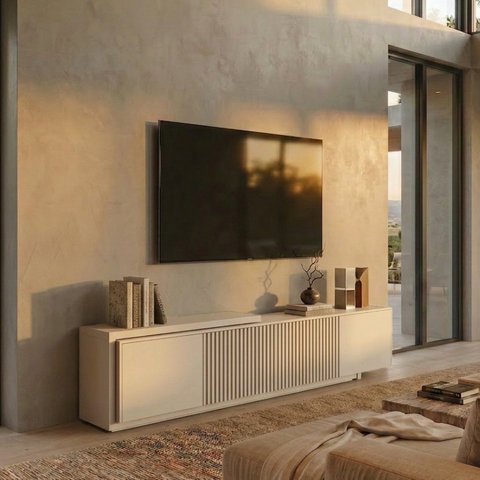 Rack Extensível para TV até 75 Polegadas 300x56cm Portas Ripadas Aruá CabeCasa MadeiraOriginals
