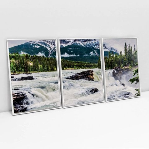 Kit Quadro Decorativo 3 Telas Canvas a Cachoeira Tacolado Moldura Flutuante 4,5cm Branca 80 X 120cm