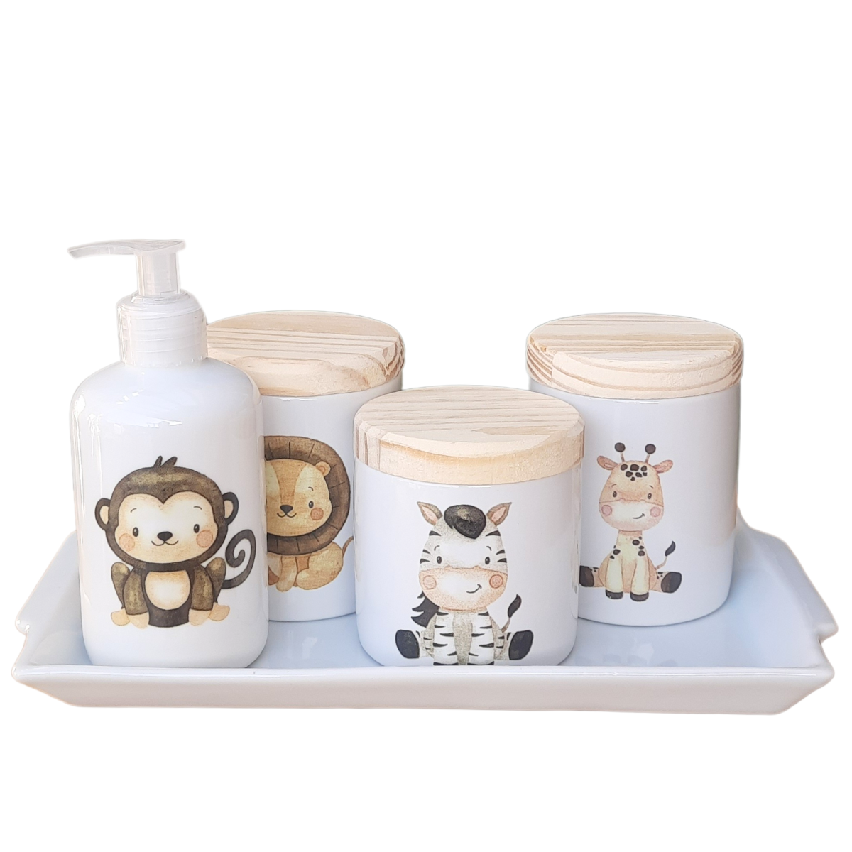 Kit Higiene Bebê Safari 5 Pçs C/ Bandeja - Porcelana e Pinus - 2