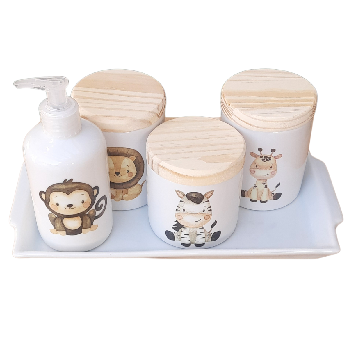 Kit Higiene Bebê Safari 5 Pçs C/ Bandeja - Porcelana e Pinus - 3