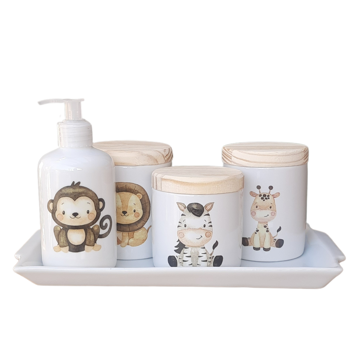 Kit Higiene Bebê Safari 5 Pçs C/ Bandeja - Porcelana e Pinus