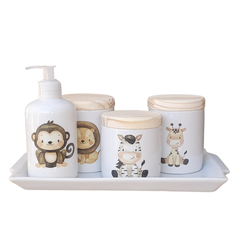 Kit Higiene Bebê Safari 5 Pçs C/ Bandeja - Porcelana e Pinus