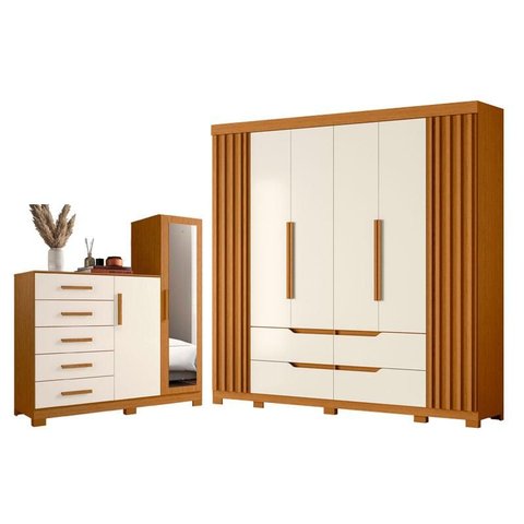 Guarda Roupa Casal Doble 06 Portas e Cômoda New Master 02 Portas e 05 Gavetas Cinamomo Off White - m