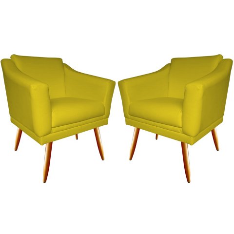Kit 2 Poltronas Decorativa Agatha Couro Amarelo Pés Madeira Mz Decor