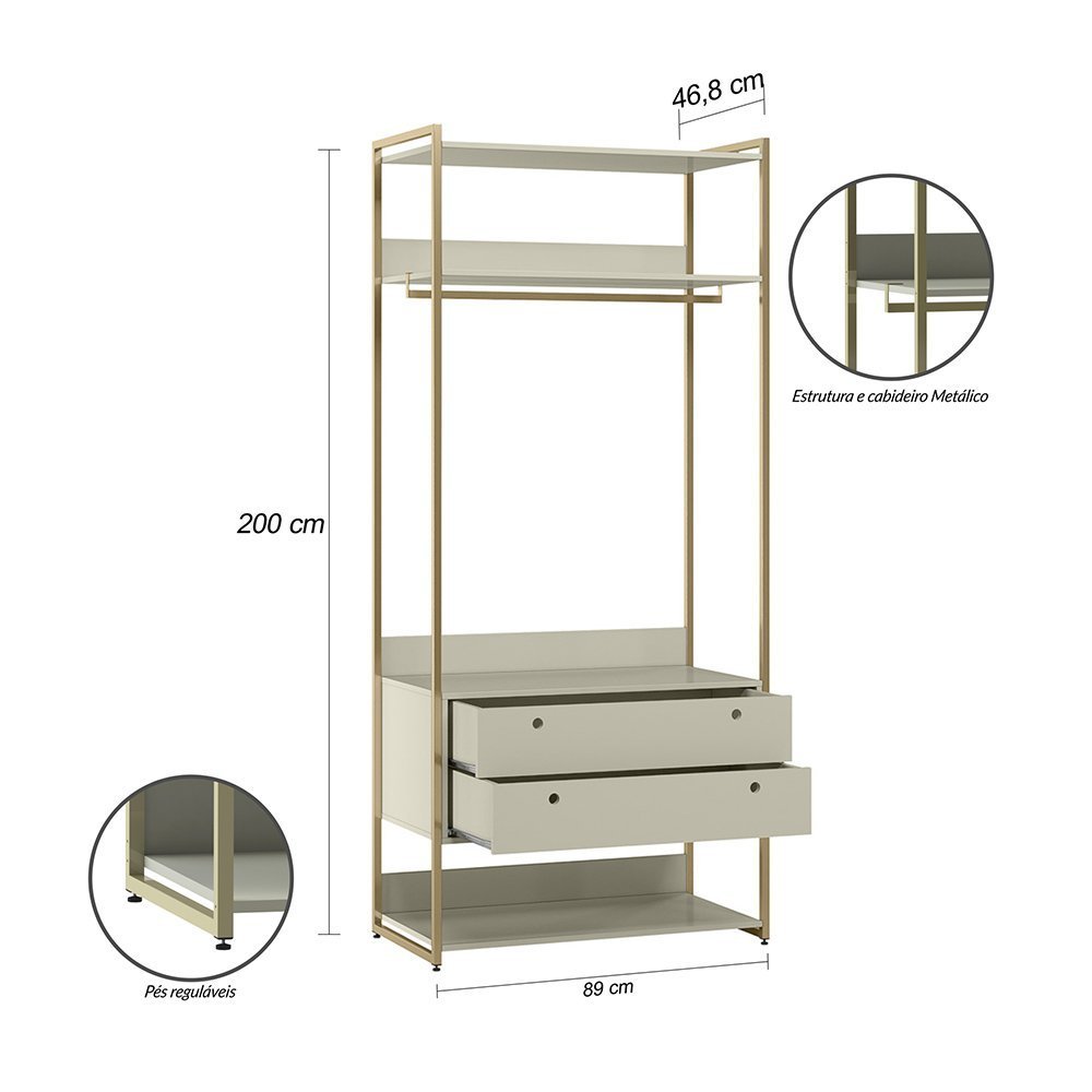 Guarda Roupa Closet Modulado Industrial Solteiro Olivar 197cm - Off White - 4