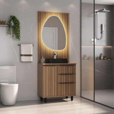 Conjunto Cecília com Pés 78cm Painel Ripado Espelho Led e Cuba Preta - Fabribam
