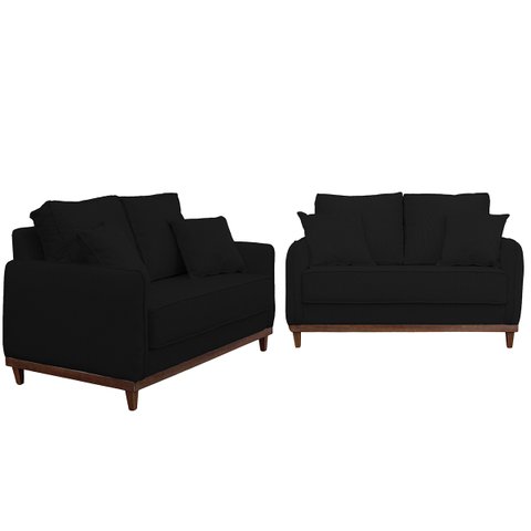 Kit Sofa Sena 2 e 3 Lugares Base de Madeira para Sala Hotel Linho Preto