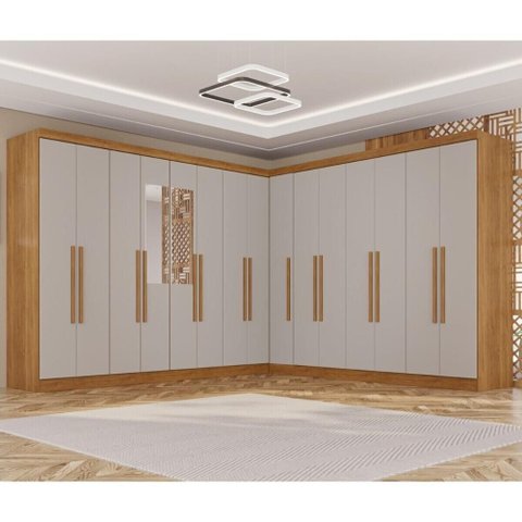 Guarda-Roupa Casal Modulado Canto com Espelho 15 Portas 6 Gavetas Multimóveis Cinamomo/Off White