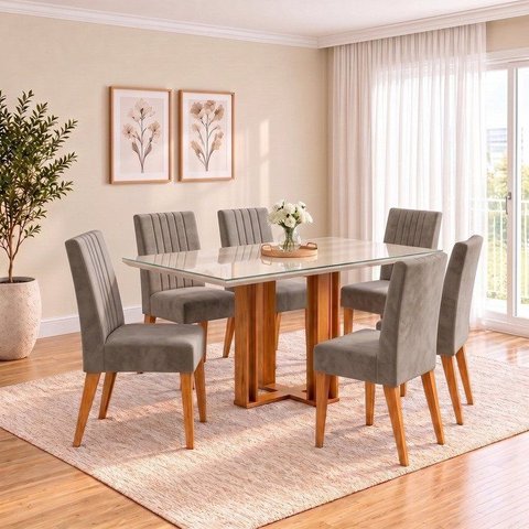 Conjunto Sala de Jantar Mesa Manu 160cm Tampo MDF e Vidro Canto Reto 6 Cadeiras Lily