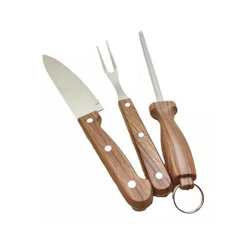 Kit Churrasqueiro Assador Faca Garfo Chaira Amolador