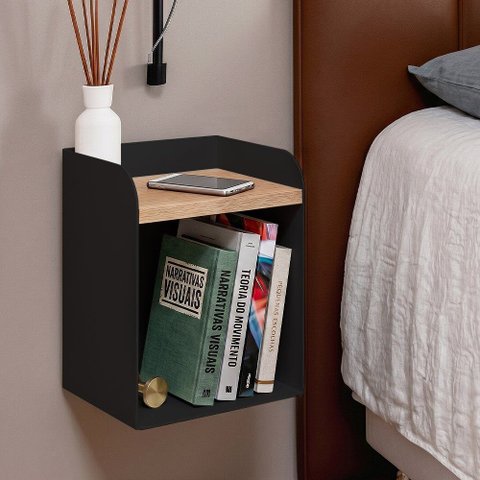 Mesa de Cabeceira Aerea 20cm em Aço Nicho Decorativo Suspenso para Quarto Linha Home Morphi - Preta