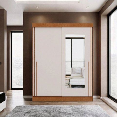 Guarda Roupa Casal 2 Portas de Correr com Espelho Firenze Marrom/Carvalho Vermontt/Off White