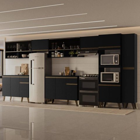 Cozinha Completa Atlanta Zone 17 Portas 2 Gavetas MDP Preto Touch Carraro
