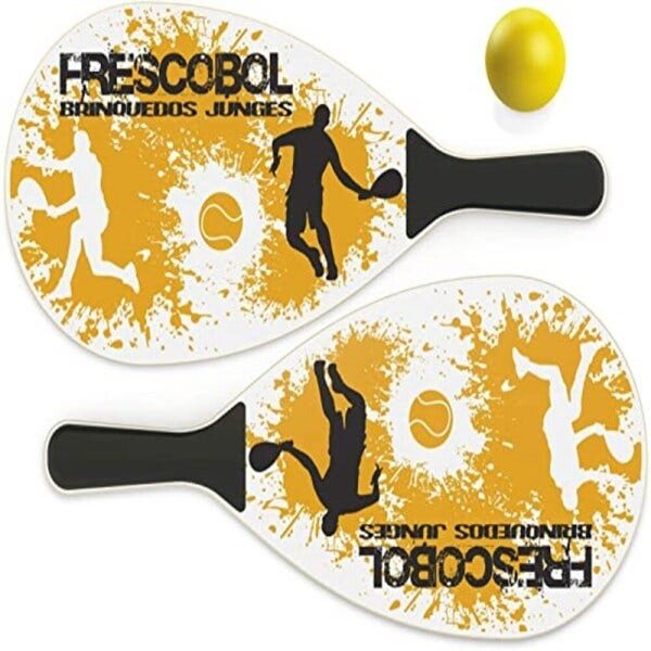 Kit 1 bola 2 raquetes jogo de frescobol diversao praia sol verao madeira mdf junges - 4