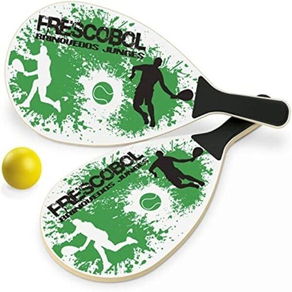 Kit 1 bola 2 raquetes jogo de frescobol diversao praia sol verao madeira mdf junges - 4