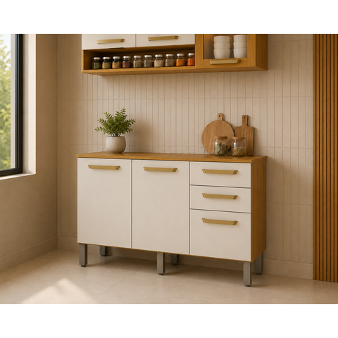 Balcão Cozinha 3 Portas Dáfnia - Cinamomo/Off White - Cucina