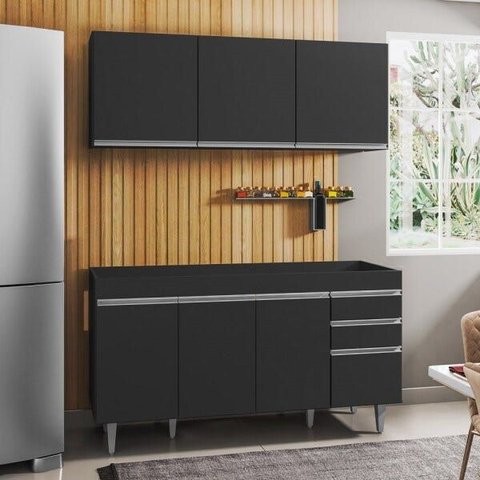 Armário Aéreo Argélia e Balcão Gabinete de Pia Marrocos 150cm Preto - Lumil