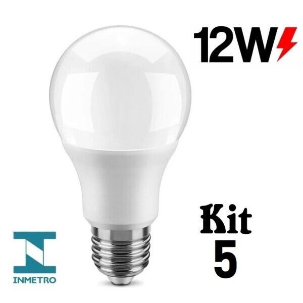 Kit 5 Lâmpada Led 12w Bulbo E27 Bivolt Branco-Frio 6500K - 6