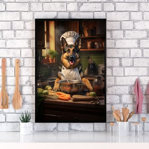 Quadro para Cozinha Cão Raça Pastor Alemão 45x34cm:madeira Branca
