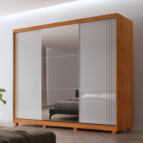 Guarda Roupa Casal Connor Mdf 3 Portas 4 Gavetas com Espelho e Pés Moderna Mobília
