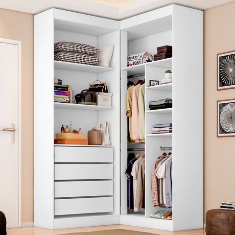 Guarda-Roupa Closet Modulado Casal sem Portas Canto em L com 4 Gavetas e 3 Cabideiros Versatille Yescasa