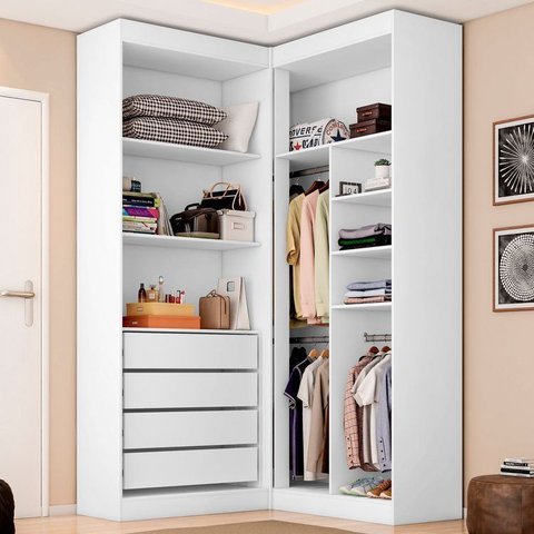 Guarda-Roupa Closet Modulado Casal sem Portas Canto em L com 4 Gavetas e 3 Cabideiros Versatille