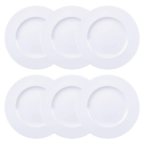 Jogo 6 Pratos de Jantar Rasos Porcelana Branco 27cm Maria Augusta Tramontina Aba Larga