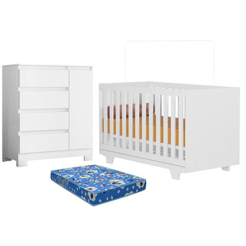 Berço Nacional Life 2217 com Colchão Ortobom e Cômoda Sapateira Olimpia 4 Gavetas Branco Flex- Móvei