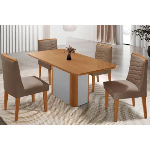 Conjunto: Mesa de Cozinha Pietá Tampo Curvo 120cm+4 Cadeiras Maldivas Madeira Naturale/off White -