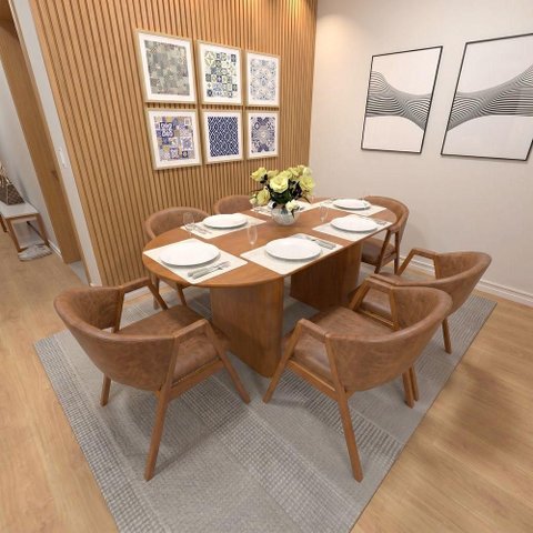 Conjunto Mesa de Jantar Toscana 6 Lugares Tampo em MDF com Cadeiras Estofadas Corano Marrom Mescla