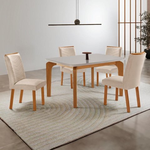 Conjunto Mesa de Jantar 120cm com 4 Cadeiras Estofadas Multimóveis Crrft-CON045 Madeirado/Off White