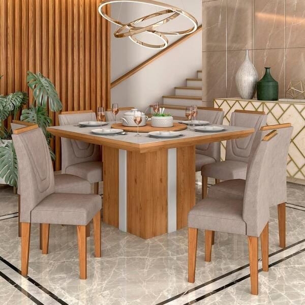 Conjunto Sala de Jantar Indonesia com Vidro 8 Cadeiras- Moveis Arapongas Cinamomo/off White/capucci - 1