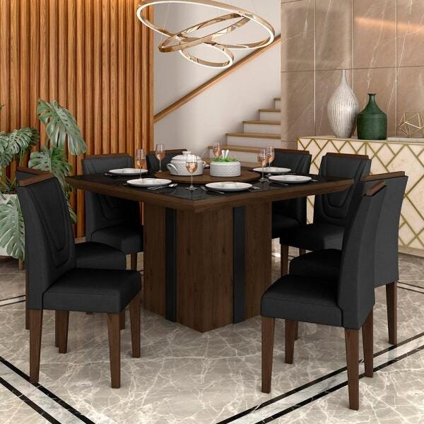 Conjunto Sala de Jantar Indonesia com Vidro 8 Cadeiras- Móveis Arapongas Imbuia/preto/preto - 1