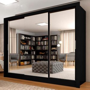 Guarda-roupa Casal Layla 3 Portas 3 Espelhos 4 Gavetas Preto - M. Arapongas Preto Fosco