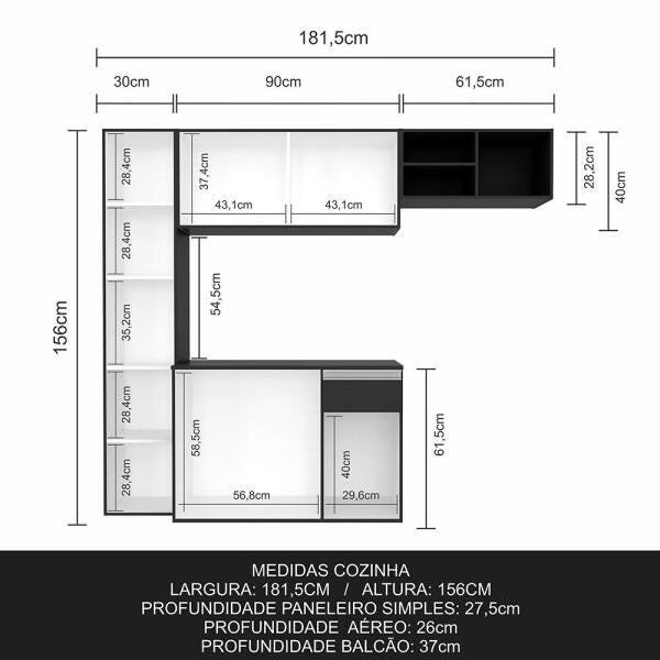 Armário de Cozinha 4 Peças Diana Preto - Móveis Arapongas Preto Fosco - 3