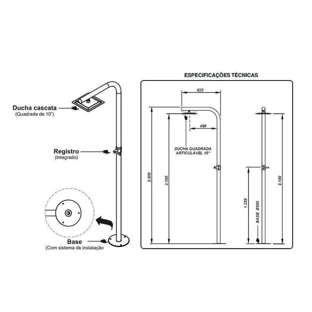 Ducha Tubular em Aço Inox 2 Polegadas com Chuveiro - Sodramar - 2