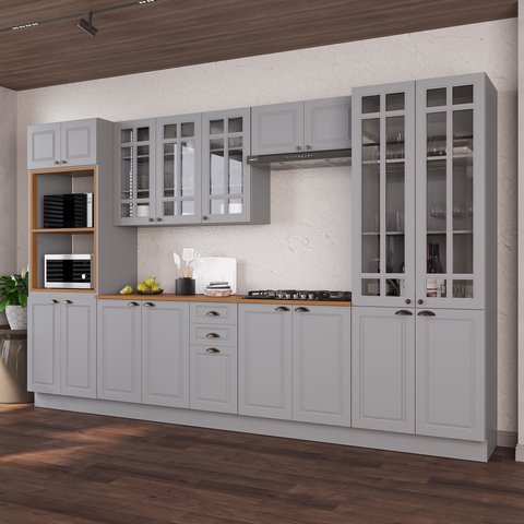 Cozinha Modulada 6 Peças Torre Quente Cristaleira 2 Balcão com Tampo e 2 Aéreos 100% MDF com Vidro e Rodapé Bari Cinza/Titanio Fosco