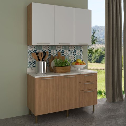 Armário de Cozinha Compacta Balcão com Tampo Freijó Branco 3 Peças Cz3100