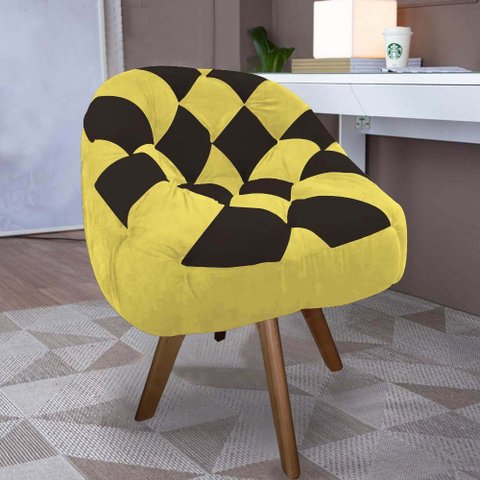 Poltrona Paloma Escritório Sala Giratória Madeira Suede Amarelo e Suede Marrom - Dominic Decor