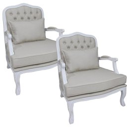 Kit 2 Poltronas Clássica King Entalhada Capitonê Branco Provençal e Linho Bege Soberati Poltrona Clá - 1