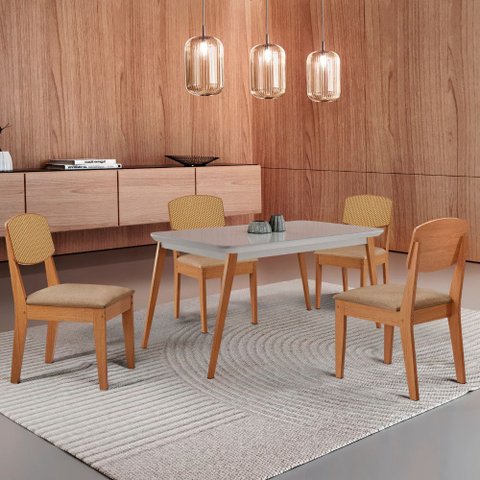 Mesa de Jantar Copper 120cm Tampo Canto Copo Mdf Vidro com 4 Cadeiras Copper Premium Moderna Mobília