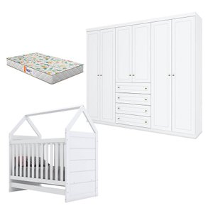 Berço Montessoriano e Guarda Roupa Infantil Mississipi 6 Portas Branco Hp com Colchão Gazin - Henn
