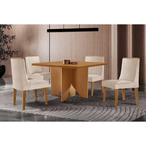 Kit 4 Cadeiras e Mesa Nevada 90cm Madeira Estofado Capuccino Suede Creme Móveis Rufato