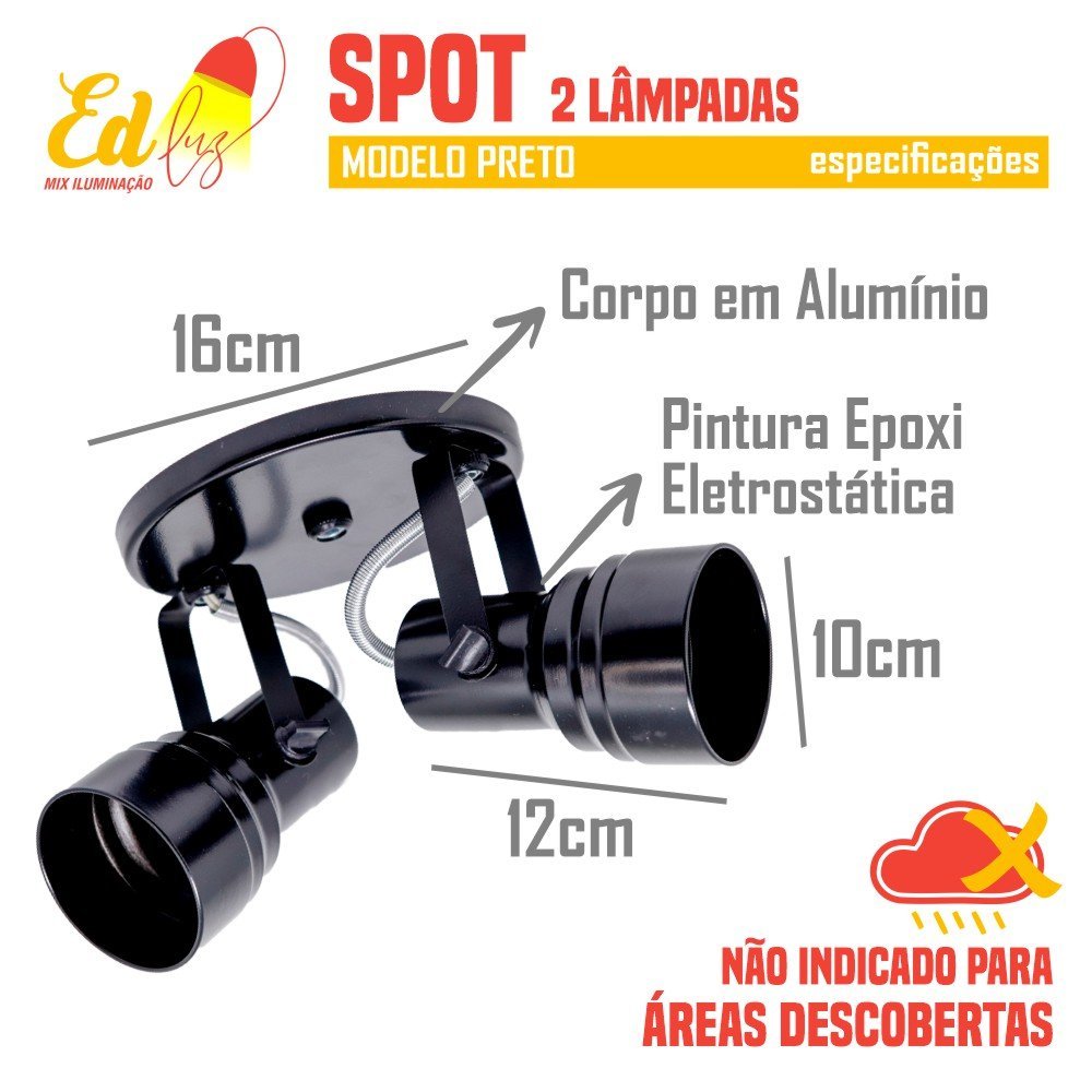 Spot Sobrepor P/2 Lampadas Preto Parede/teto/sala/quarto/cozinha - 3
