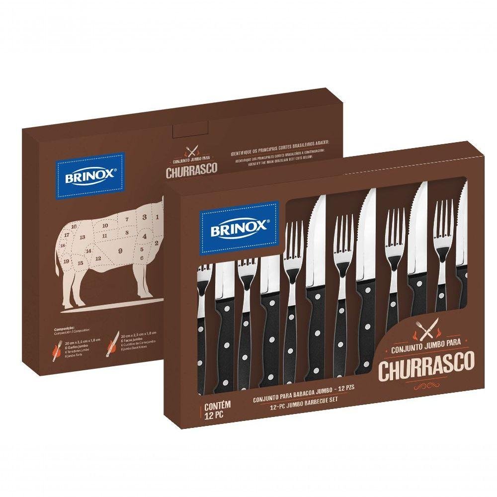 Conjunto de Talheres Jumbo para Churrasco 12 Peças Linha Churrasco da Brinox Preto